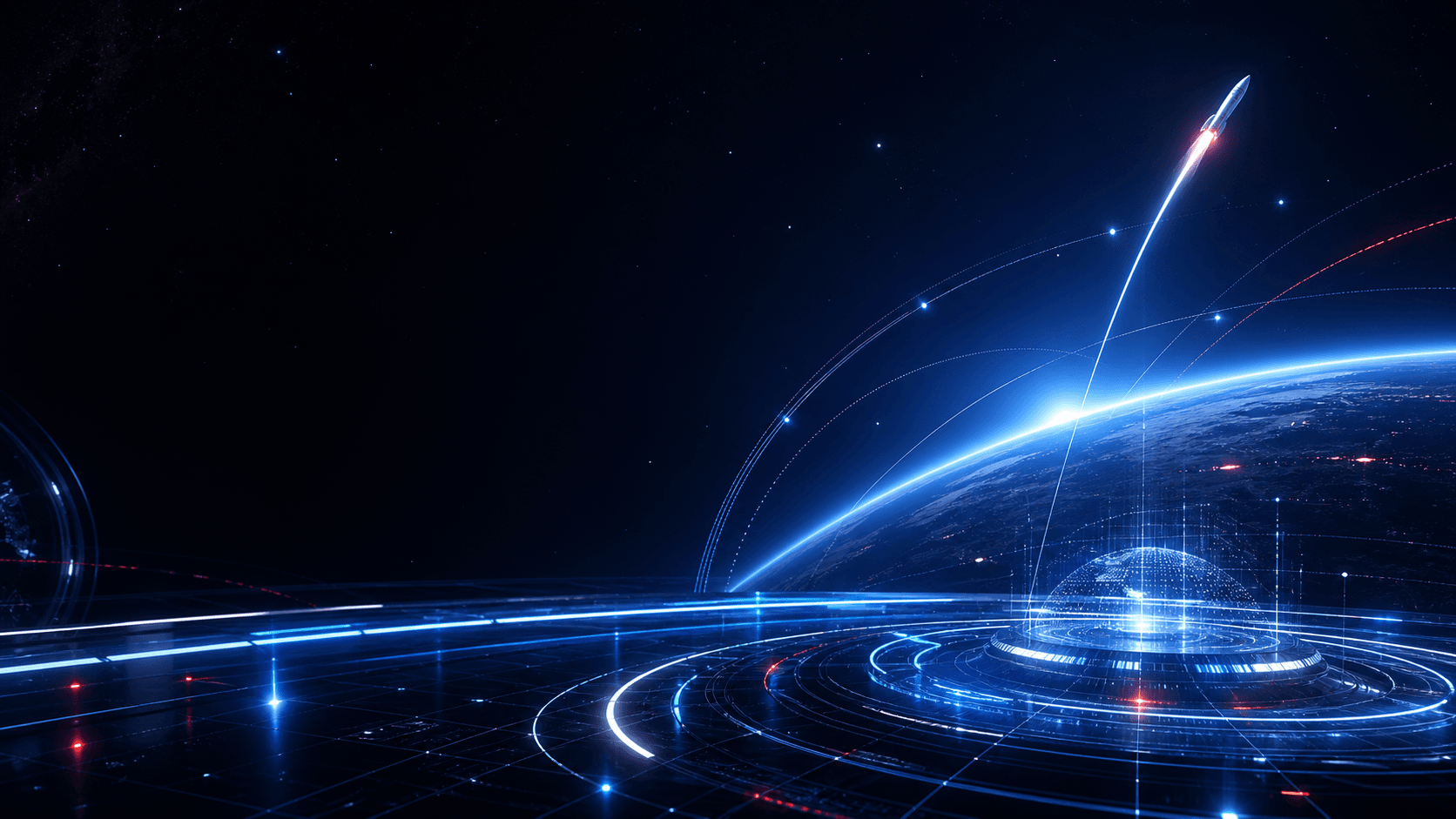 Abstract futuristic mission control visual with glowing planet and orbital grid lines